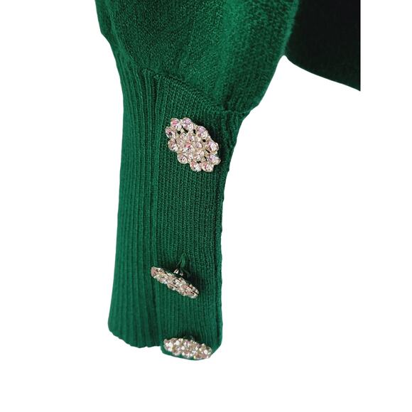 Tahari Green Mock Neck Sweater M | Rhinestone Button Cuffs | Luxe Knit - Picture 7 of 11